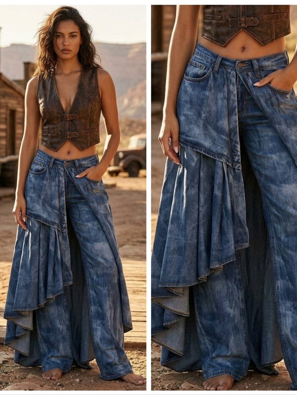 Boho Straight Leg Skirt Overlay Maxi Jeans